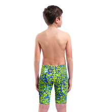Load image into Gallery viewer, Back of a boy in an arena green and blue snakeskin Powerskin ST NEXT racing suit
