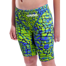 Load image into Gallery viewer, Close-up of a boy in an arena green and blue snakeskin Powerskin ST NEXT racing suit