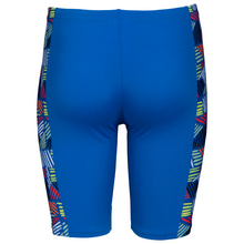 Load image into Gallery viewer, Blue swim jammers with colorful geometric pattern side panels on a white background