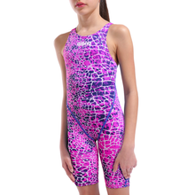 Load image into Gallery viewer, Close-up of a girl in an arena pink and purple snakeskin Powerskin ST NEXT racing suit