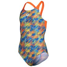 Load image into Gallery viewer, arena-girls-swimsuit-draft-v-back-neon-blue-multi-team-orange-010746-830-ontario-swim-hub-1