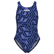 Load image into Gallery viewer, Blue and white geometric patterned swimsuit with Arena logo on a white background