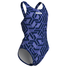 Load image into Gallery viewer, Blue and white geometric patterned swimsuit with Arena logo on a white background