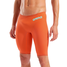 Load image into Gallery viewer, Front close-up of a man wearing an orange racing jammer with teal arena branding