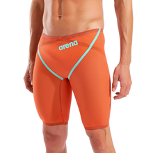 Load image into Gallery viewer, Front close-up of a man wearing an orange racing jammer with teal arena branding