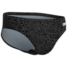 Load image into Gallery viewer, Black patterned swim briefs with ARENA branding on a white background