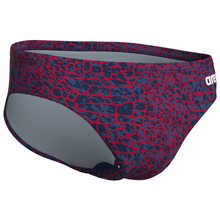 Load image into Gallery viewer, Red and blue patterned swim briefs with Arena logo on a white background