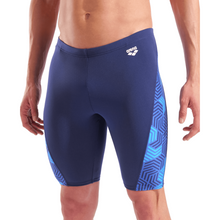 Load image into Gallery viewer, Blue swim jammers with geometric pattern and Arena logo on a white background