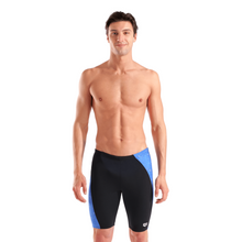 Load image into Gallery viewer, Man wearing black and blue swim jammers on a white background