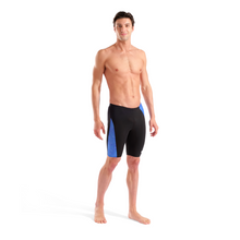 Load image into Gallery viewer, Man wearing black and blue swim jammers on a white background