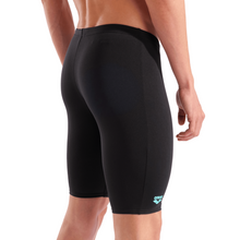 Load image into Gallery viewer, Black swim shorts with a brand logo on a white background