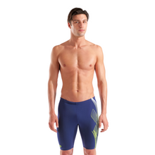 Load image into Gallery viewer, Man wearing a blue swim jammers with green accents on a white background