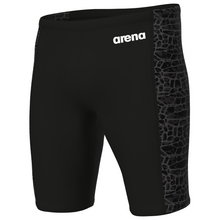 Load image into Gallery viewer, Black swim jammers with patterned side panel and Arena logo on a white background