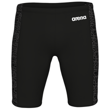 Load image into Gallery viewer, Black swim shorts with patterned sides and Arena logo on a white background