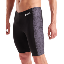 Load image into Gallery viewer, Black swim jammers with patterned side panel and Arena logo on a white background