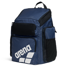 Load image into Gallery viewer, Navy top-loading arena backpack with black accents and multiple pockets on a white background