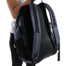 Load image into Gallery viewer, Black and navy blue backpack with "Planet Water" on strap on a white background
