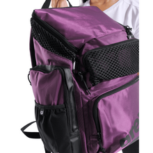 Load image into Gallery viewer, Purple backpack with multiple pockets and a mesh section on a white background