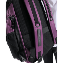 Load image into Gallery viewer, Purple backpack with "Planet Water" on strap on a white background
