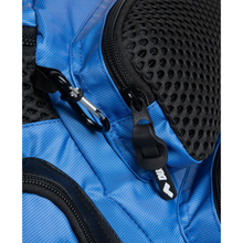 Load image into Gallery viewer, Close-up of a royal blue backpack with black zipper, carabiner, and mesh accents