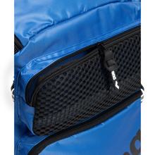 Load image into Gallery viewer, Blue backpack with a black mesh pocket on a white background