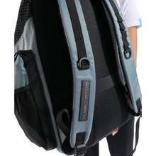 Load image into Gallery viewer, Sage green backpack with "Planet Water" on strap on a white background