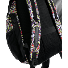 Load image into Gallery viewer, Black backpack with colorful patterned straps on a white background