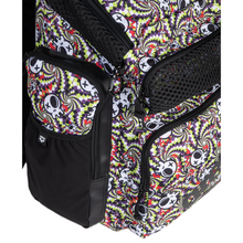 Load image into Gallery viewer, Backpack with colorful skull pattern and multiple mesh pockets on a white background