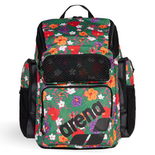 Load image into Gallery viewer, Top-loading floral-patterned green, red, orange, purple, white backpack with 'arena' branding on a white background