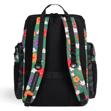 Load image into Gallery viewer, Black backpack with colorful floral straps on a white background