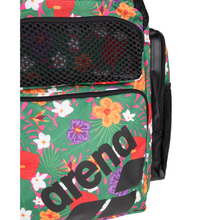 Load image into Gallery viewer, Floral-patterned backpack with 'arena' branding on a white background