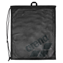 Load image into Gallery viewer, Black mesh drawstring bag with 'arena' branding on a white background