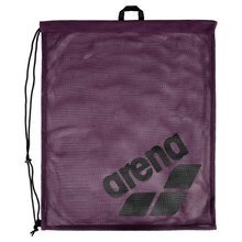 Load image into Gallery viewer, Plum purple mesh drawstring bag with 'arena' branding on a white background