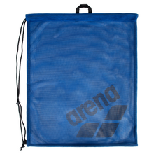 Load image into Gallery viewer, Royal blue mesh drawstring bag with 'arena' branding on a white background