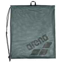 Load image into Gallery viewer, Sage green mesh drawstring bag with 'arena' branding on a white background