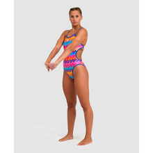 Load image into Gallery viewer,     arena-womens-reversible-swimsuit-allover-challenge-back-neon-blue-multi-005897-700-ontario-swim-hub-10
