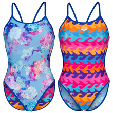 Load image into Gallery viewer,     arena-womens-reversible-swimsuit-allover-challenge-back-neon-blue-multi-005897-700-ontario-swim-hub-2