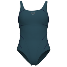 Load image into Gallery viewer, Teal swimsuit with brand logo on a white background