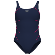Load image into Gallery viewer, Navy swimsuit with pink accents on a white background