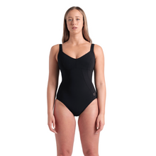 Load image into Gallery viewer, Woman wearing a black shapewear swimsuit on a white background