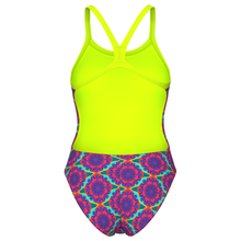 Load image into Gallery viewer, arena-womens-swimsuit-floral-challenge-back-violet-multi-artic-lime-011649-696-ontario-swim-hub-4