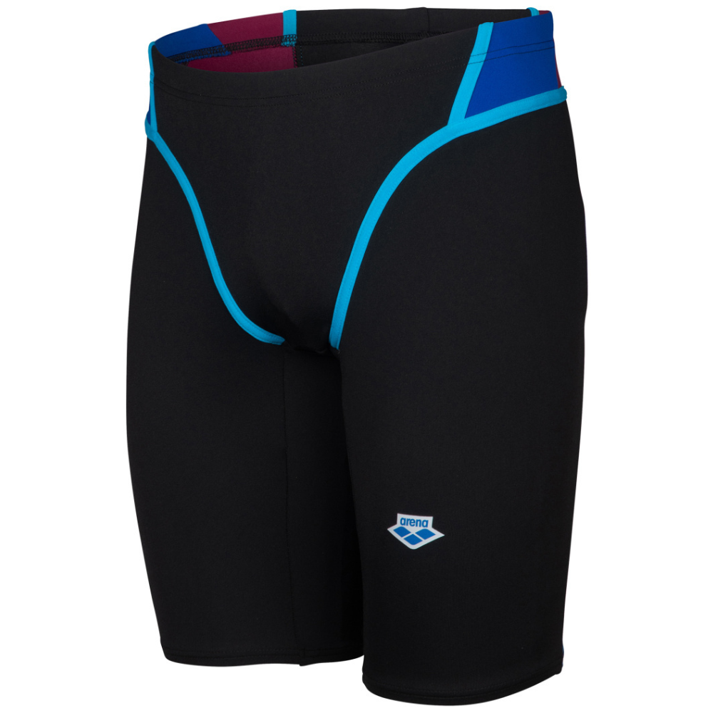MEN'S ARENA ICONS SWIM JAMMER STRIPE PANEL BLACK/NEON BLUE/RED