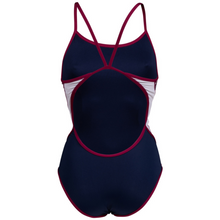 Load image into Gallery viewer,      womens-arena-icons-swimsuit-super-fly-back-stripe-panel-navy-blue-cosmo-white-red-006644-761-ontario-swim-hub-4
