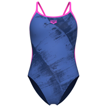 Load image into Gallery viewer, Blue and pink swimsuit with Arena logo on a white background