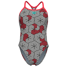 Load image into Gallery viewer, womens-arena-swimsuit-geometry-booster-back-multi-black-bright-coral-010178-540-ontario-swim-hub-2