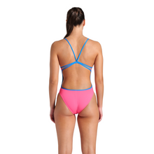 Load image into Gallery viewer, Woman wearing a pink and blue swimsuit on a white background