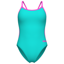 Load image into Gallery viewer, Turquoise swimsuit with pink straps on a white background