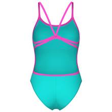 Load image into Gallery viewer, Turquoise swimsuit with pink straps on a white background