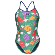 Load image into Gallery viewer, Floral-patterned swimsuit with green background on a white background