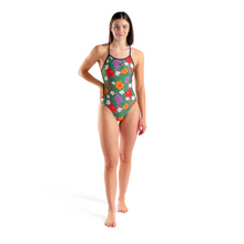 Load image into Gallery viewer, Woman wearing a colorful floral swimsuit on a white background